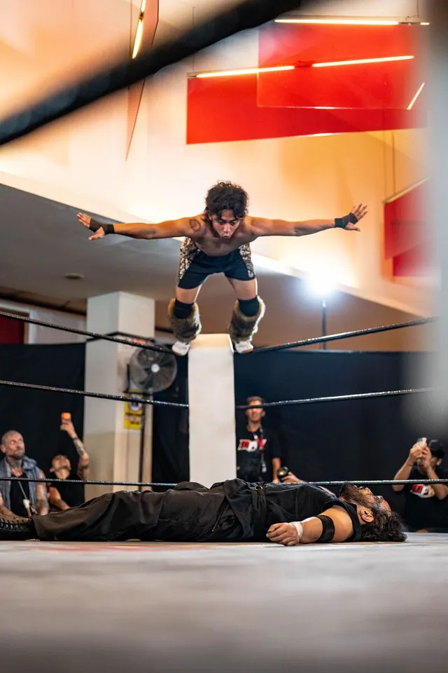 A wrestler dives from the ring post onto his opponent